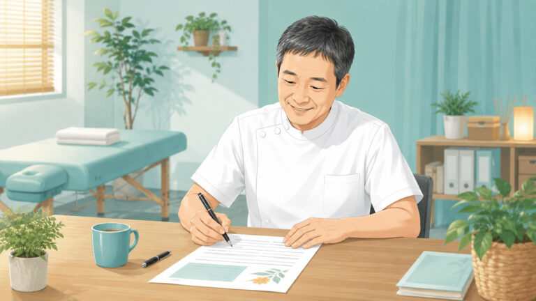 治療院ニュースレターをデスクで書く40代の男性治療家のイラスト