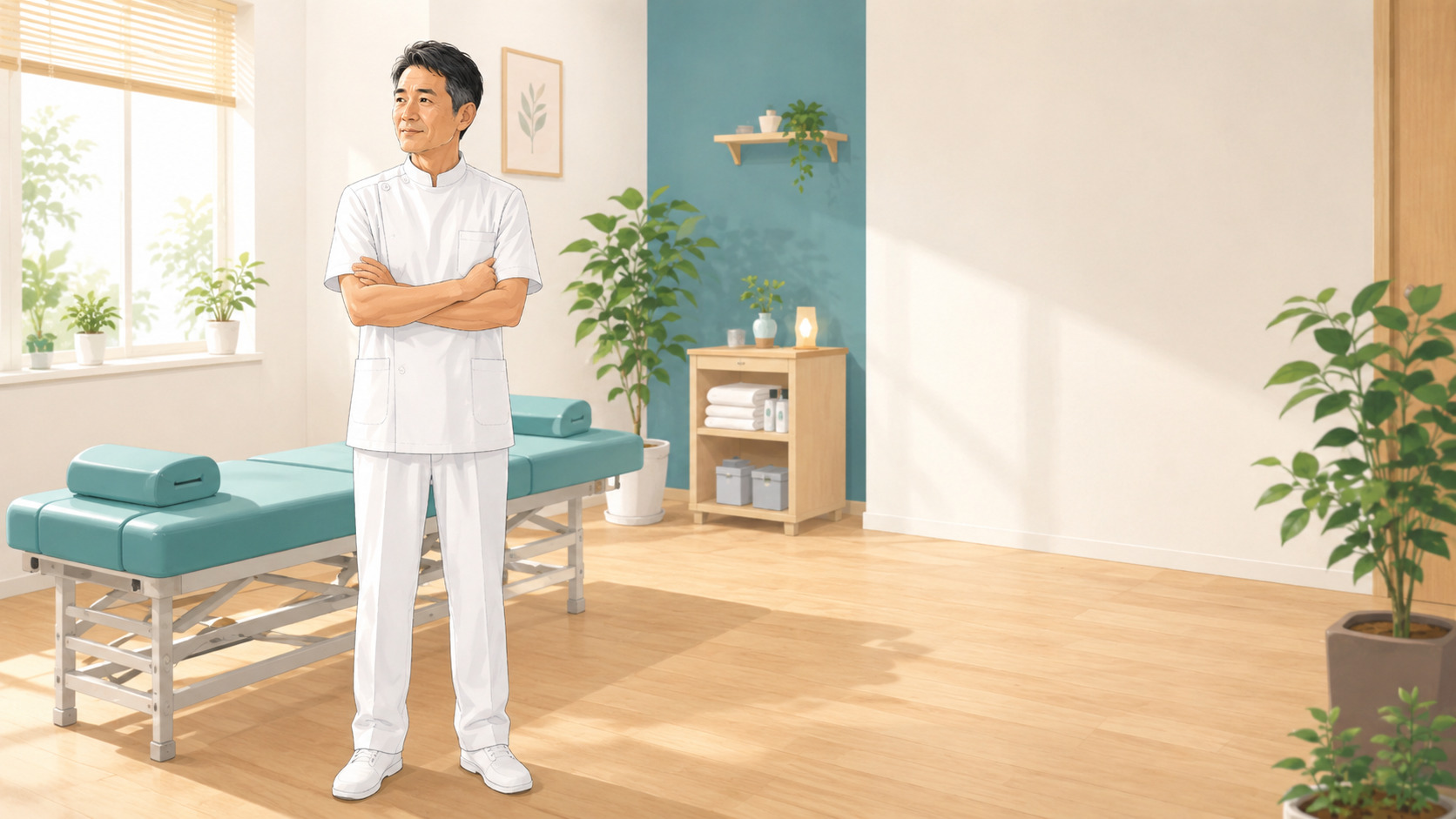 整骨院の院長が施術室で腕を組んで立ち、これからの経営の方向を見据えている場面