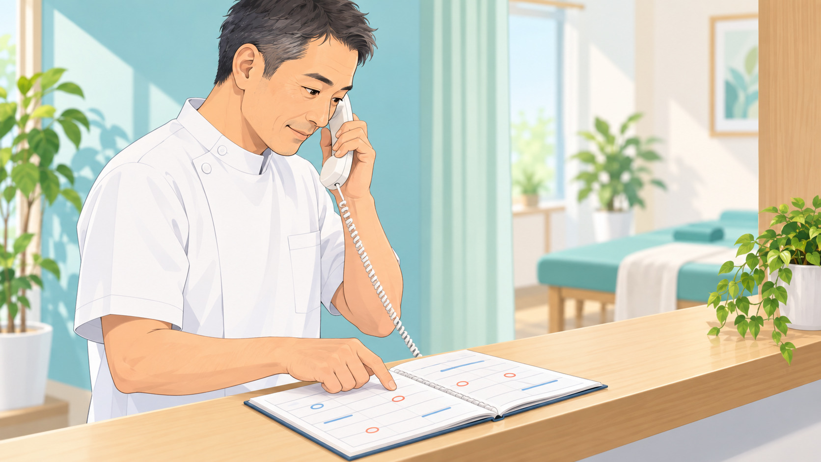 治療院のキャンセルポリシーの作り方。院長が受付で電話を受けながら予約帳を確認している