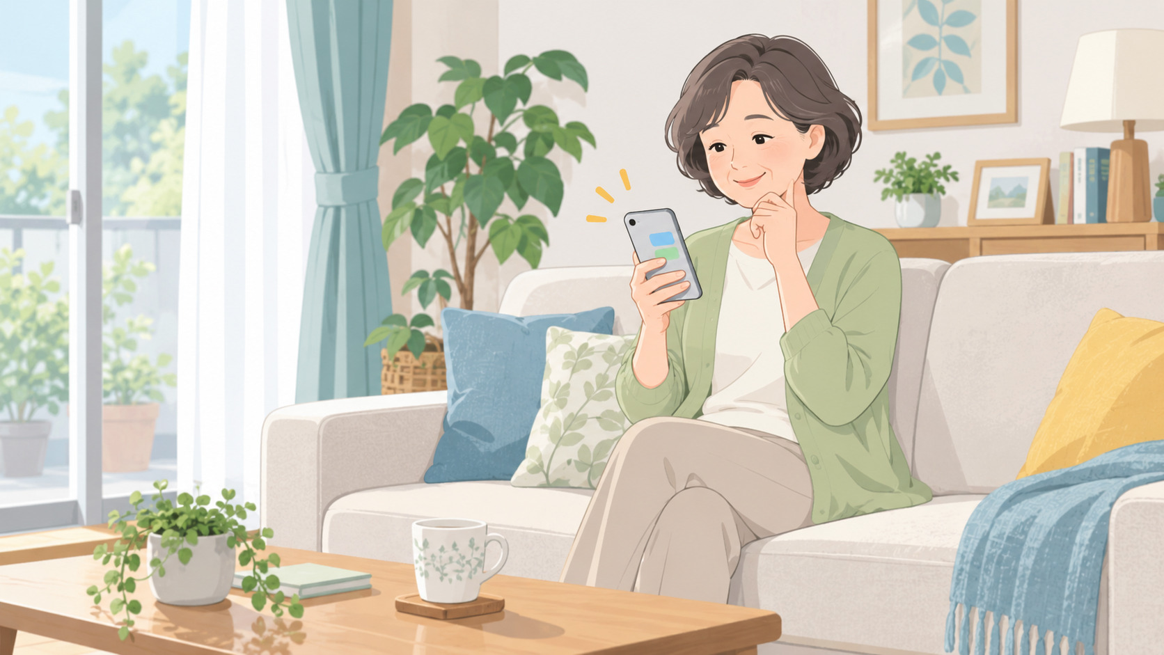 治療院のキャンセルポリシーを添えた前日のリマインドを、患者さんが自宅でスマホで確認している場面