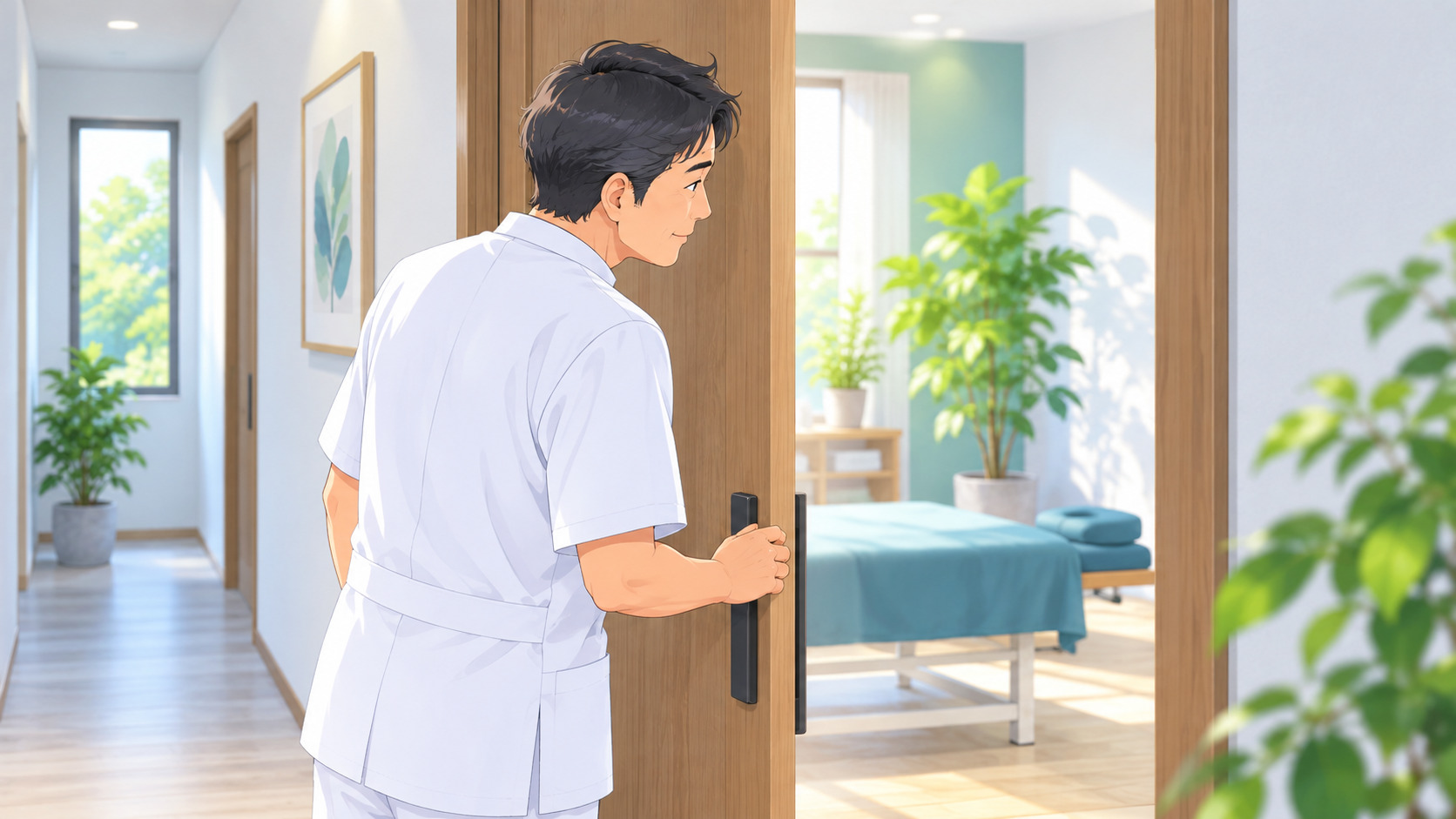 治療院の自宅開業で、生活感のない廊下から施術室のドアを開けて中を確かめる一人治療院の院長
