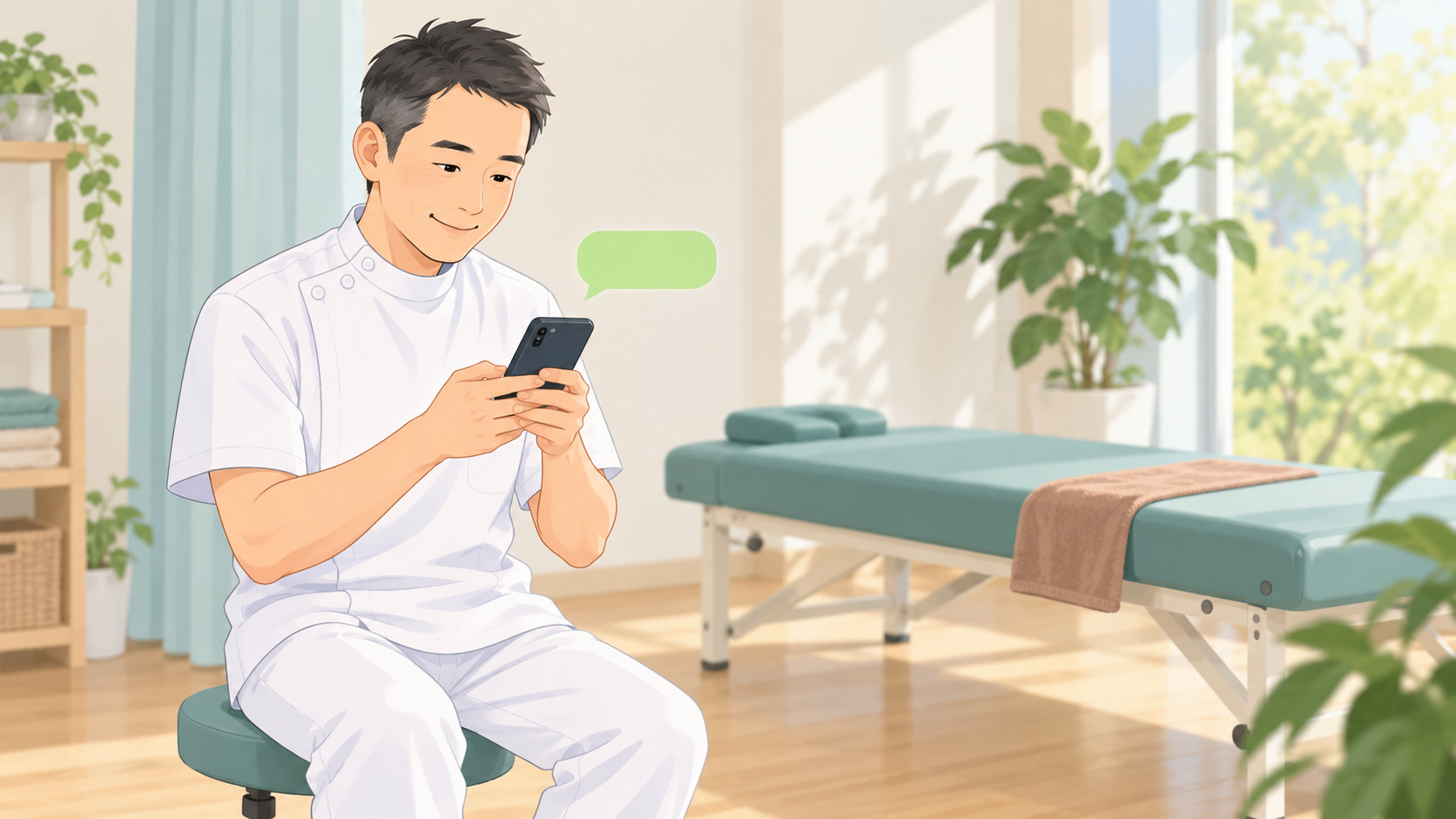治療院のLINE公式アカウントで、施術の合間に患者さんへメッセージを送る一人院の院長のイラスト