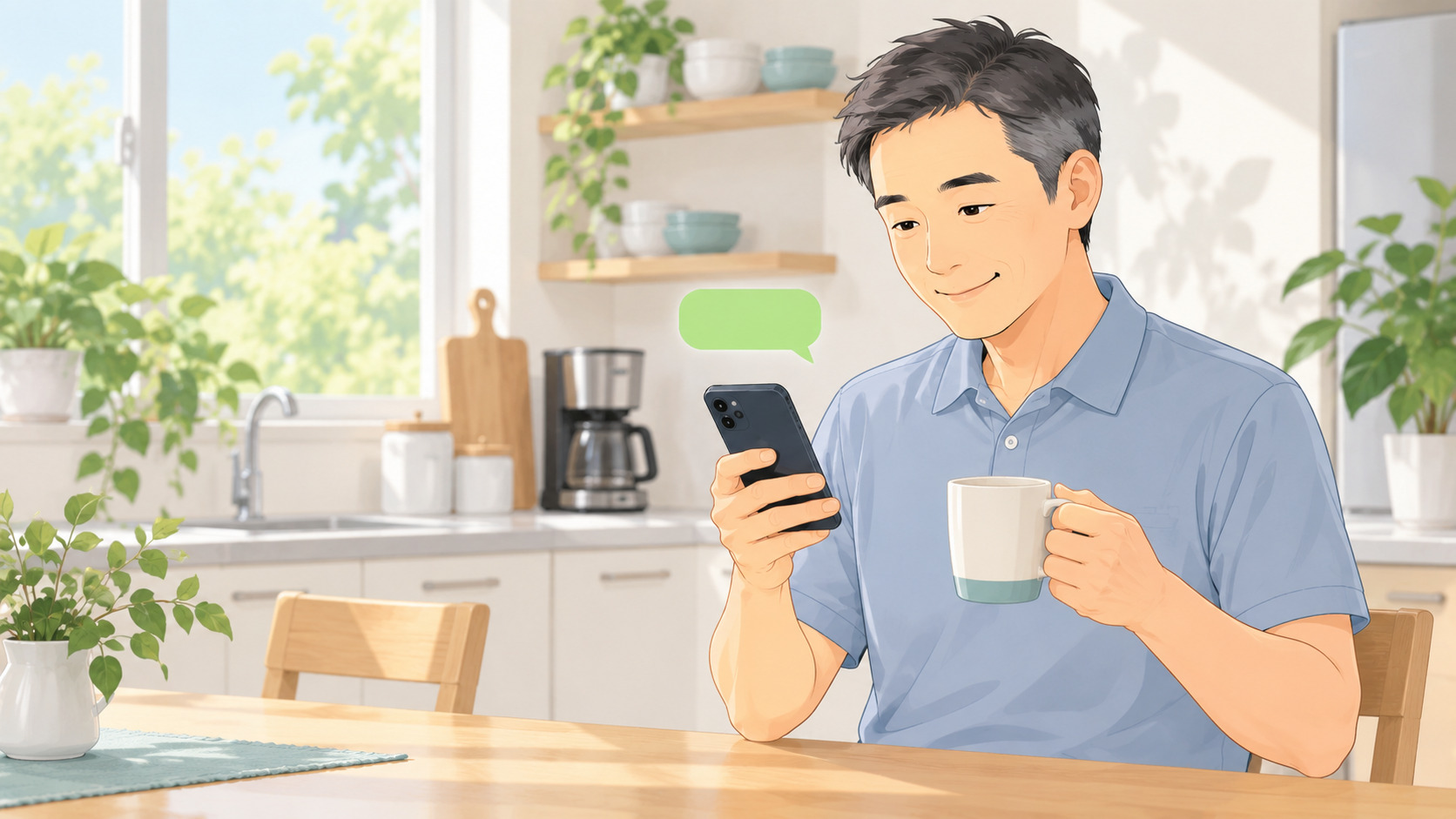 治療院のLINE公式アカウントから届いたメッセージを、自宅のキッチンでスマホで見る五十代の男性患者さんのイラスト