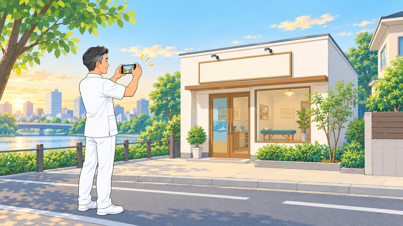 MEO対策のために、道路の向かいから自分の治療院の外観をスマホで撮影する一人治療院の院長