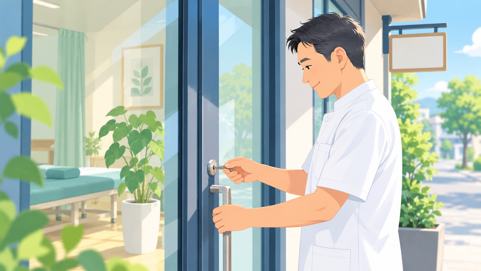 整骨院の廃業率が話題になる中、朝に自院の入口の鍵を開ける一人院の院長のイラスト