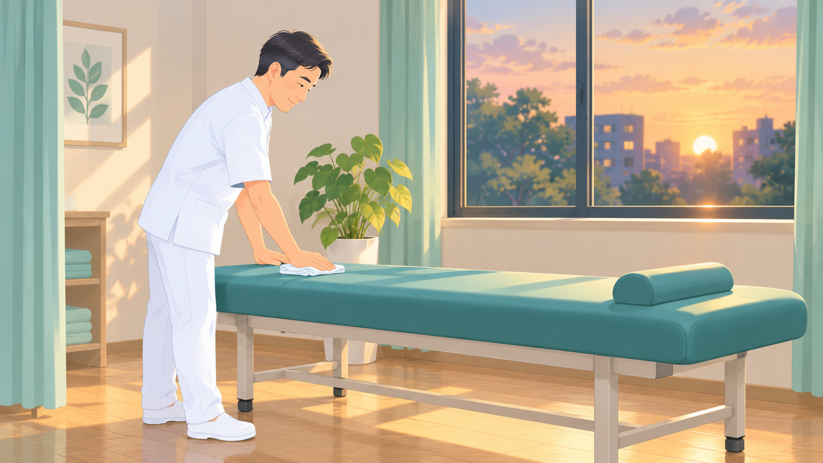 整骨院の廃業率に負けないために、夕方の施術室で施術ベッドを丁寧に拭く一人院の院長のイラスト