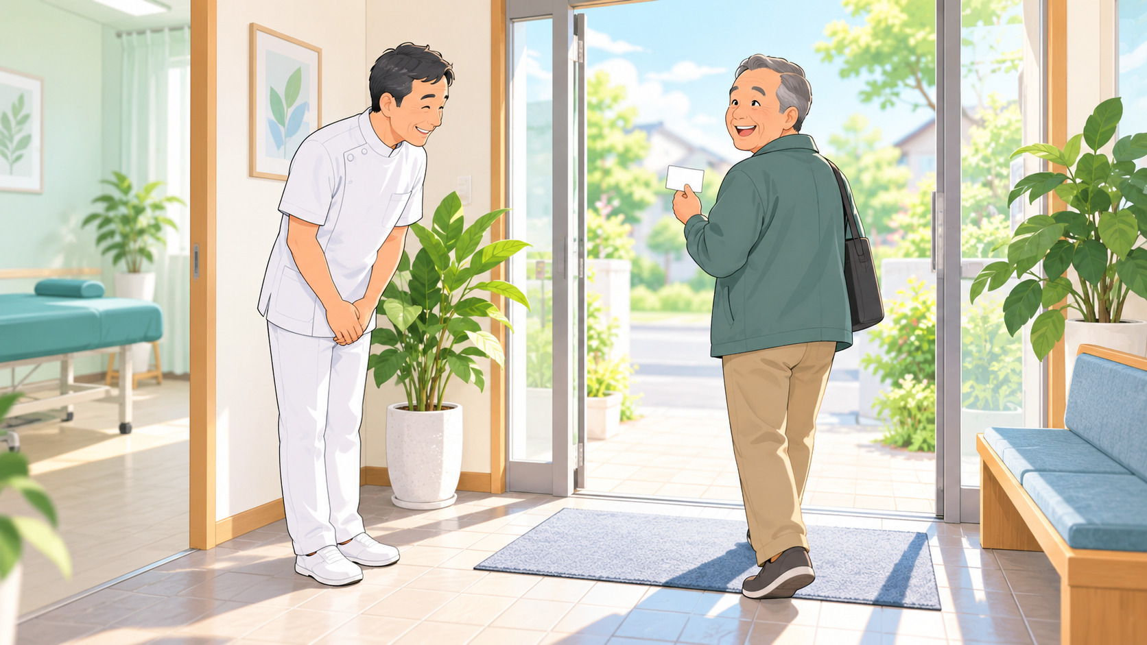 整骨院の回数券の売り方。院長が玄関で、回数券を手にした患者さんを一礼して見送っている