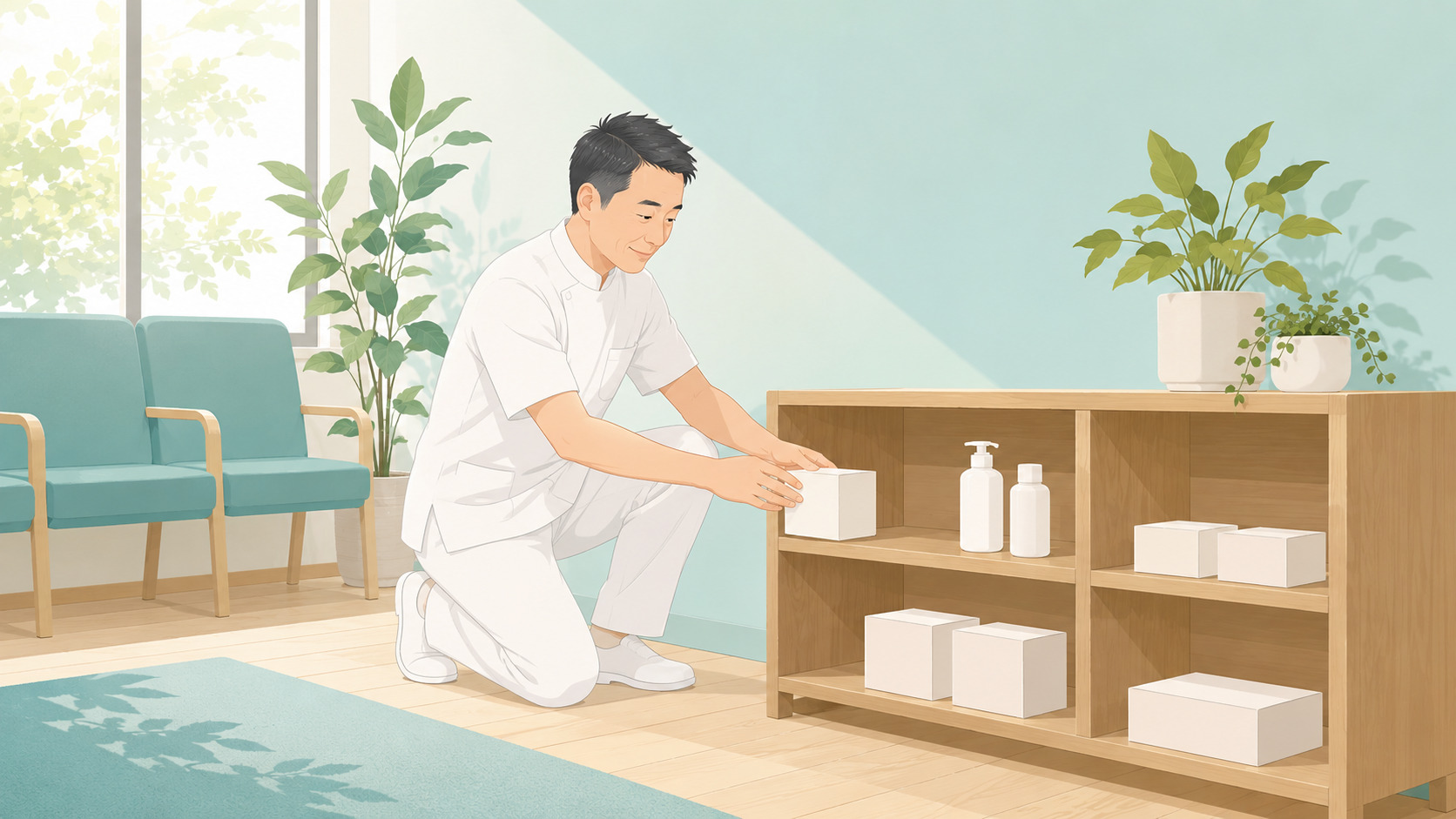整体院の物販のイメージ。院長が待合室の棚にセルフケア商品を並べているイラスト