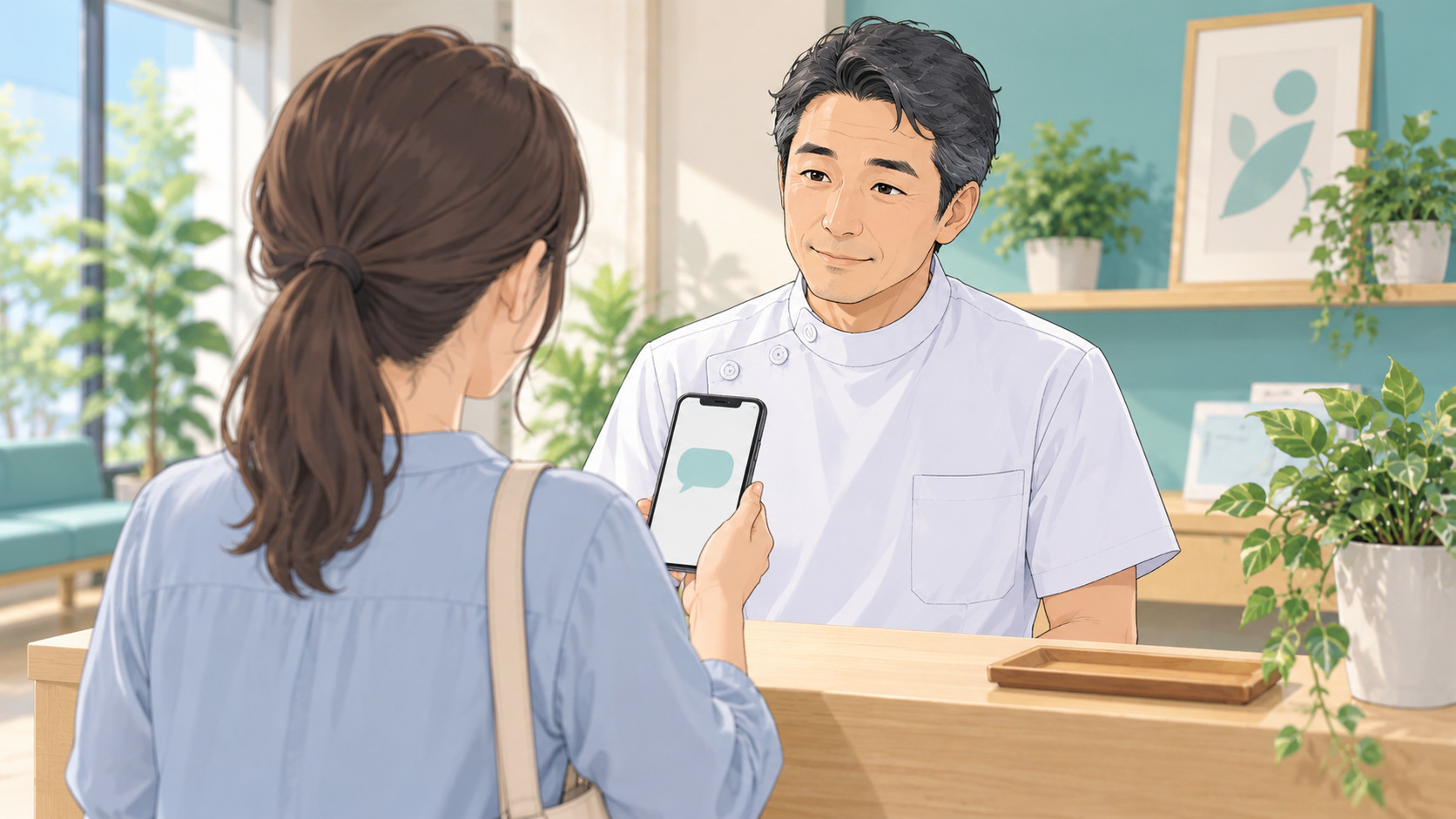 ホットペッパー経由で整体院に来た患者さんが、受付でスマホのクーポン画面を見せている場面