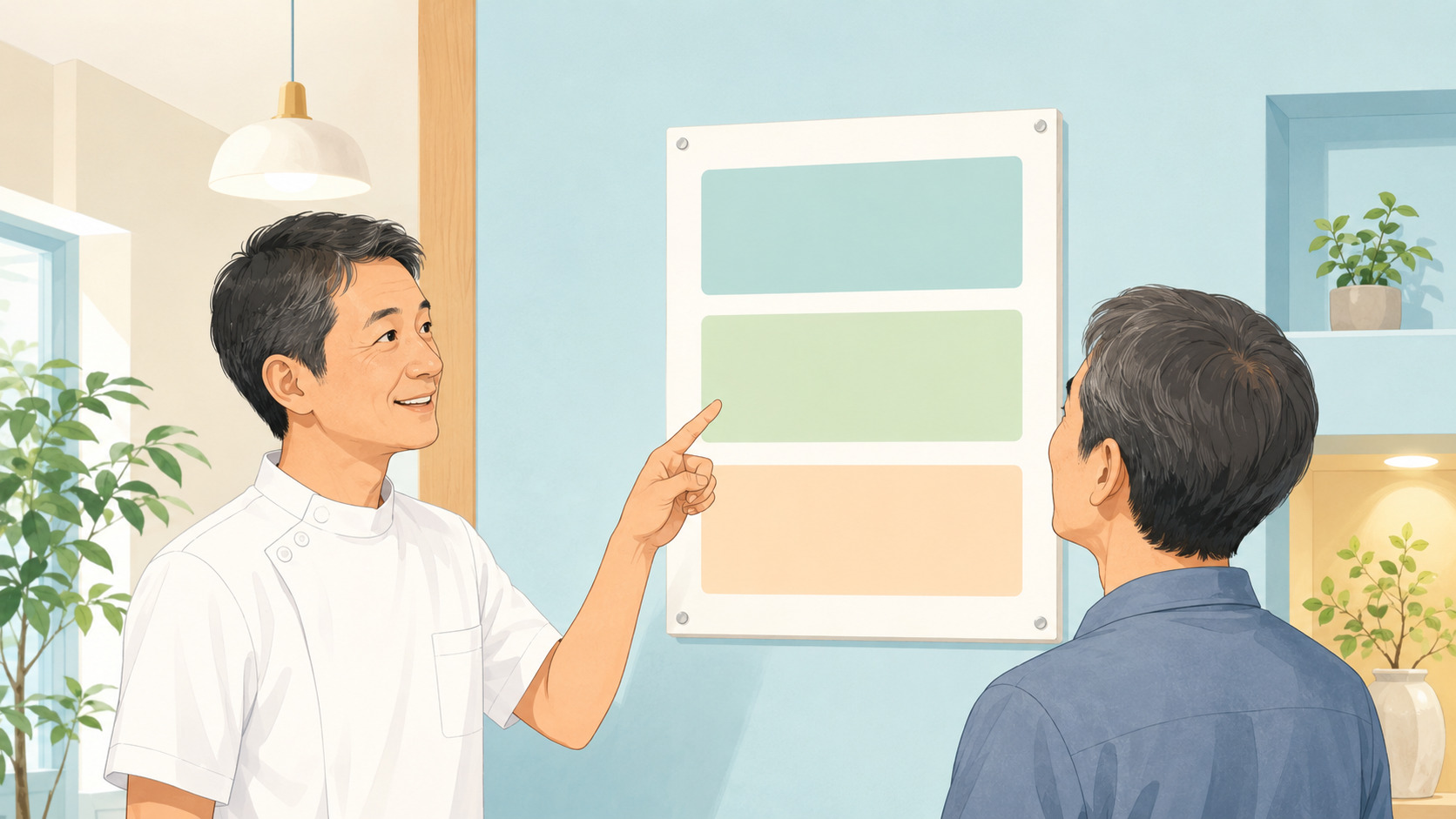 整体院の客単価を見直すため、院長が料金メニューのボードを患者さんに説明している様子