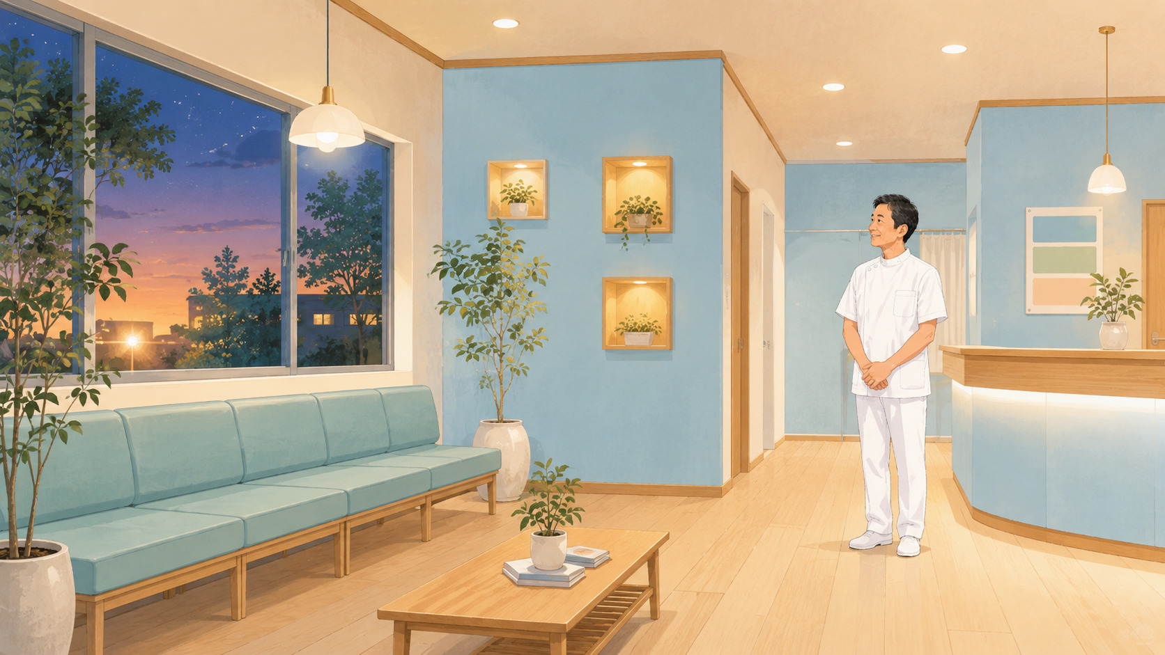 客単価だけ上げて患者数が減った整体院のイメージ。夕方の待合室に患者さんがいない