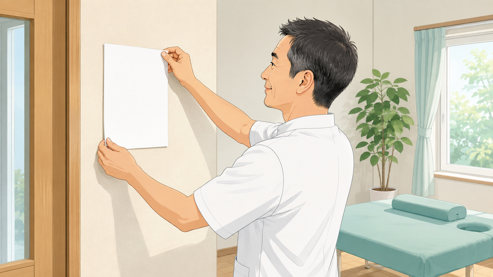 整体院の値上げのお知らせを施術室の壁に貼る院長のイラスト