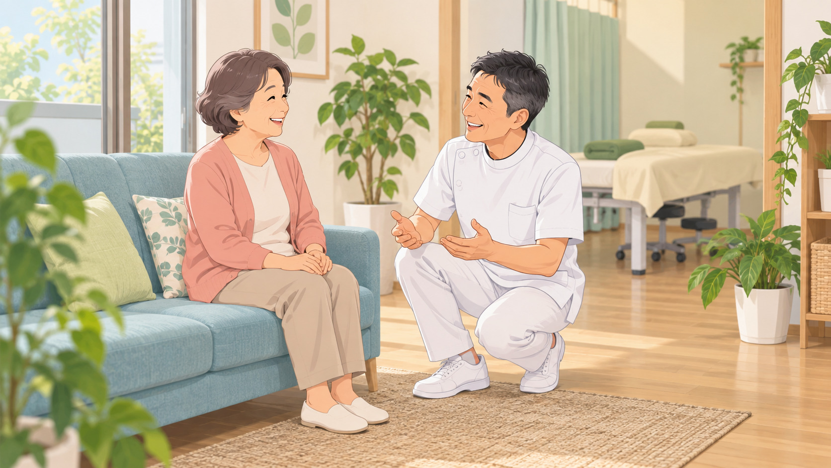 整体院のリピート率を上げるために、待合室のソファに座る患者さんと目線を合わせて次回の来院を話す一人治療院の院長