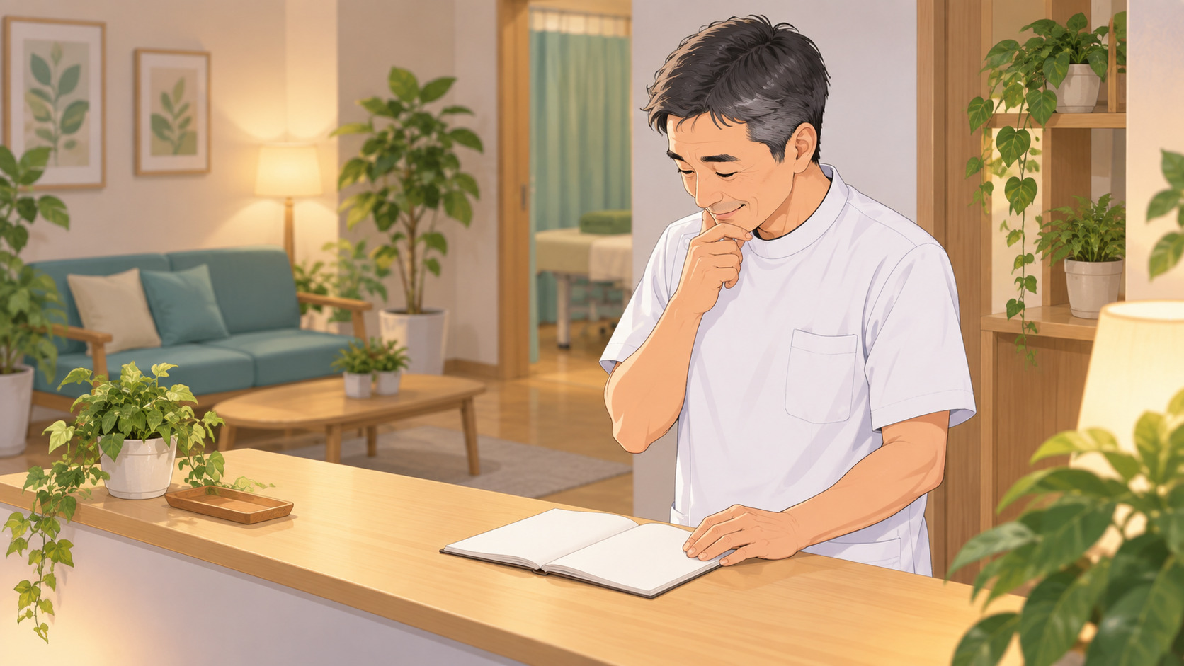 整体院のリピート率を測るために、営業後の受付でノートを見ながら患者数を振り返る一人治療院の院長