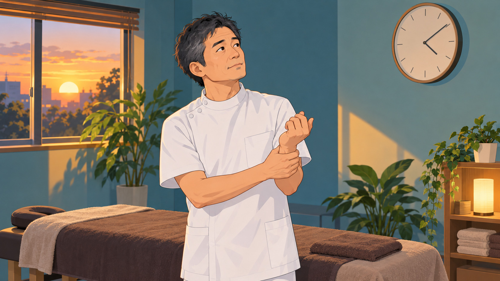 夕方の施術室で時計を見上げながら手首をほぐす、あん摩マッサージ指圧師の院長（あん摩マッサージ指圧師の年収の記事のアイキャッチ）