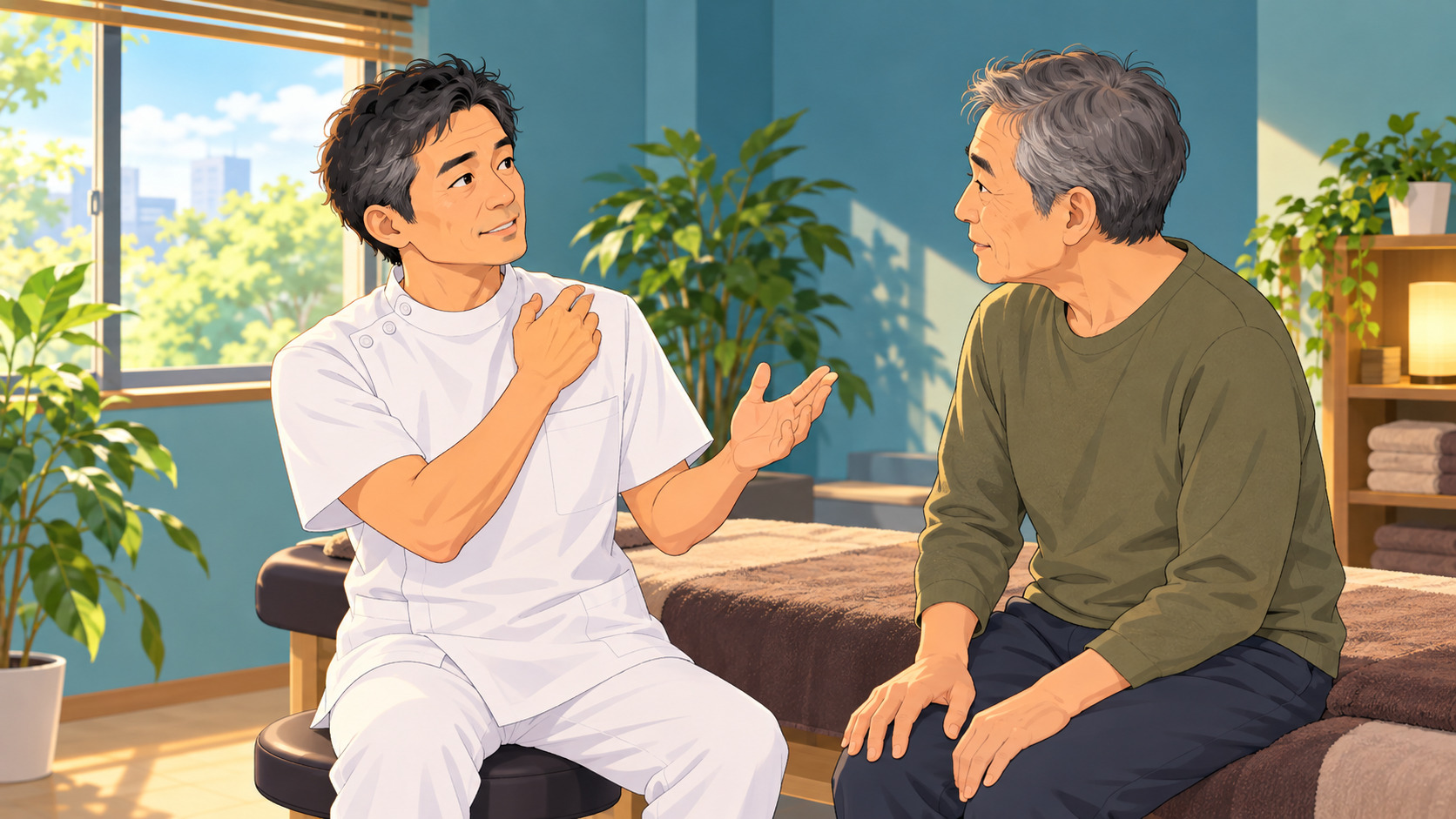 昼下がりの一人マッサージ院で、院長がスツールに座り、ベッドに腰かけた60代の男性患者さんに自分の肩を指さして体の状態を説明している。あん摩マッサージ指圧師が症状改善を目的に通い方を説明する場面