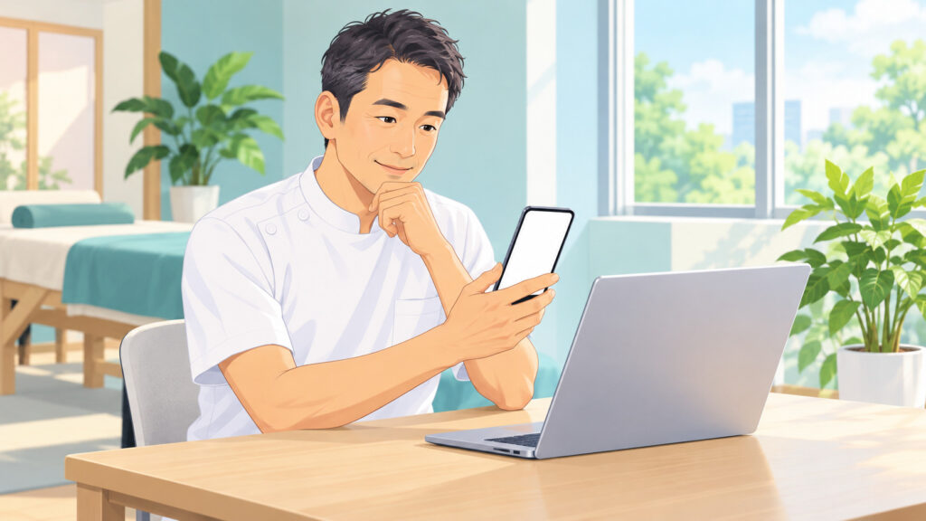 治療院のSEO対策を自分で進めるために、院長が施術室のデスクでノートパソコンとスマホを見比べているイラスト