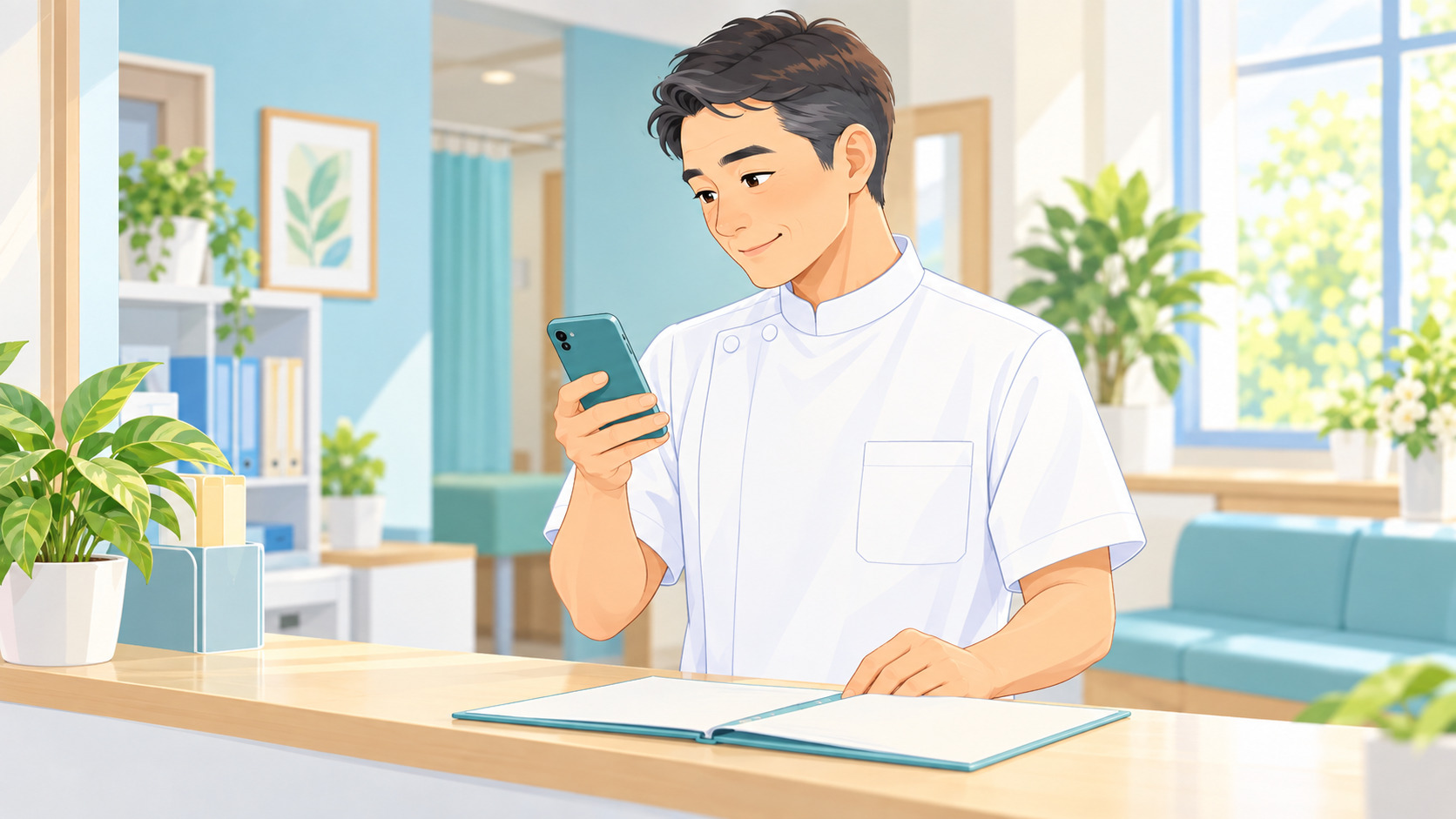 休眠患者さんに送るLINEの文面を、受付でカルテを見ながら考える治療院の院長