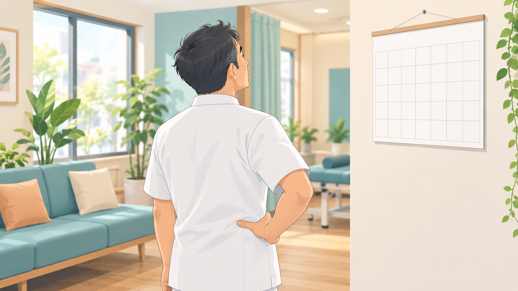 整骨院は儲からないのかを考える一人院の院長が待合室のカレンダーを見上げているイラスト