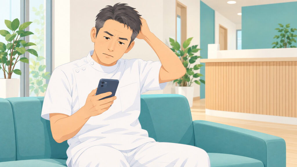 整骨院のコンサルを頼むかどうか、待合室のソファでスマホを見ながら考え込む一人治療院の院長