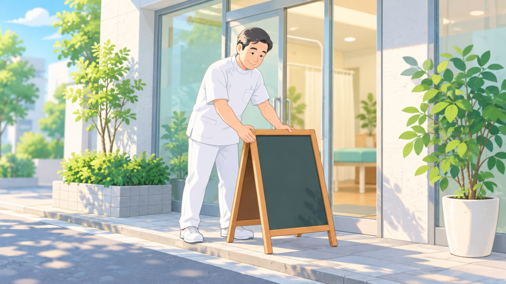 整骨院の集客を考えて入口の看板を置き直す院長