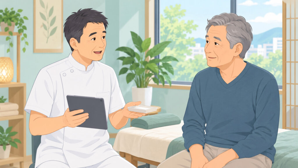 鍼灸院の集客を考える院長が、施術室で患者さんにタブレットとトレイを見せながら施術を説明している