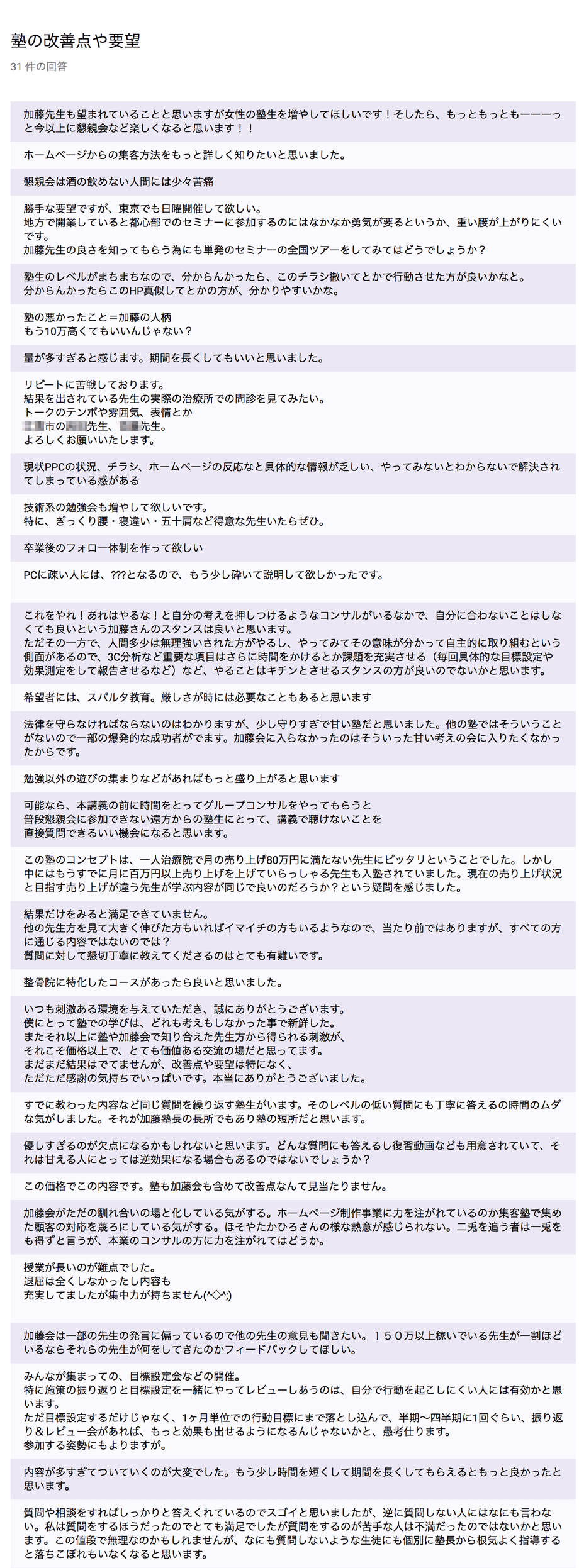 塾の改善点や要望アンケート結果